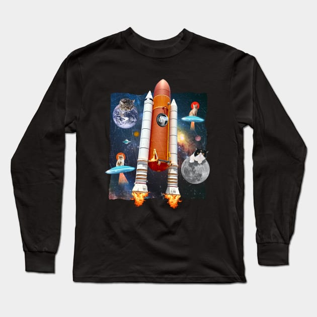 Cats In Space Funny Collage Long Sleeve T-Shirt by Hmus